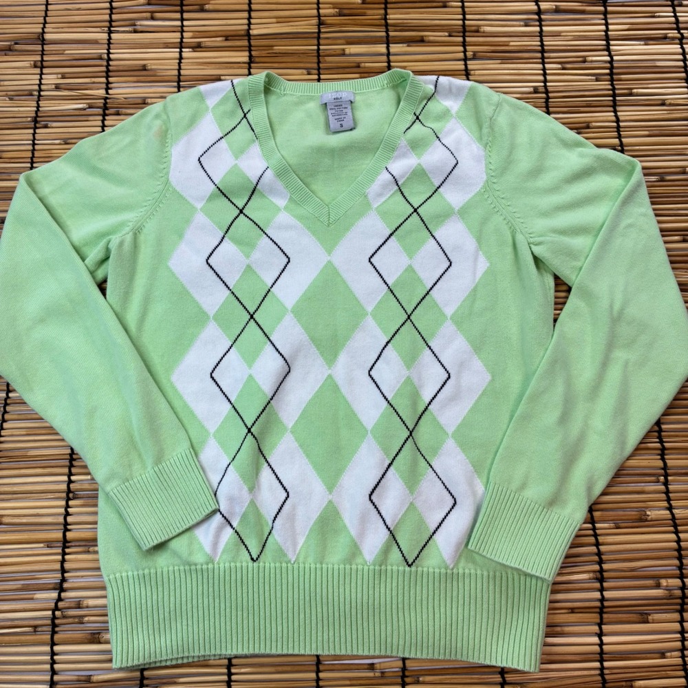 IZOD Golf Womens Lime Green White Argyle V-Neck Cotton Sweater Size S LongSleeve